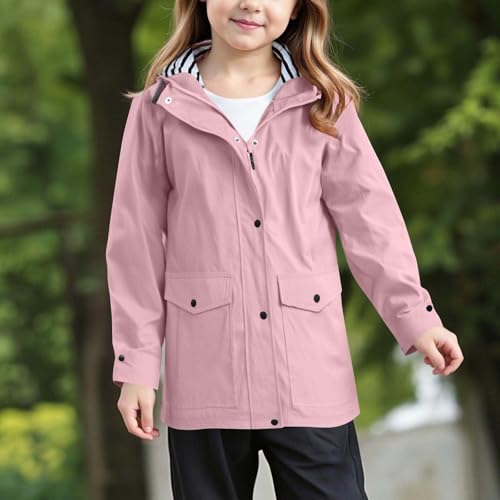 Girls Striped Hooded Windbreaker Comfy Lightweight Waterproof Raincoat Full Zip Button down Long Jacket Outdoor Hiking Coat3