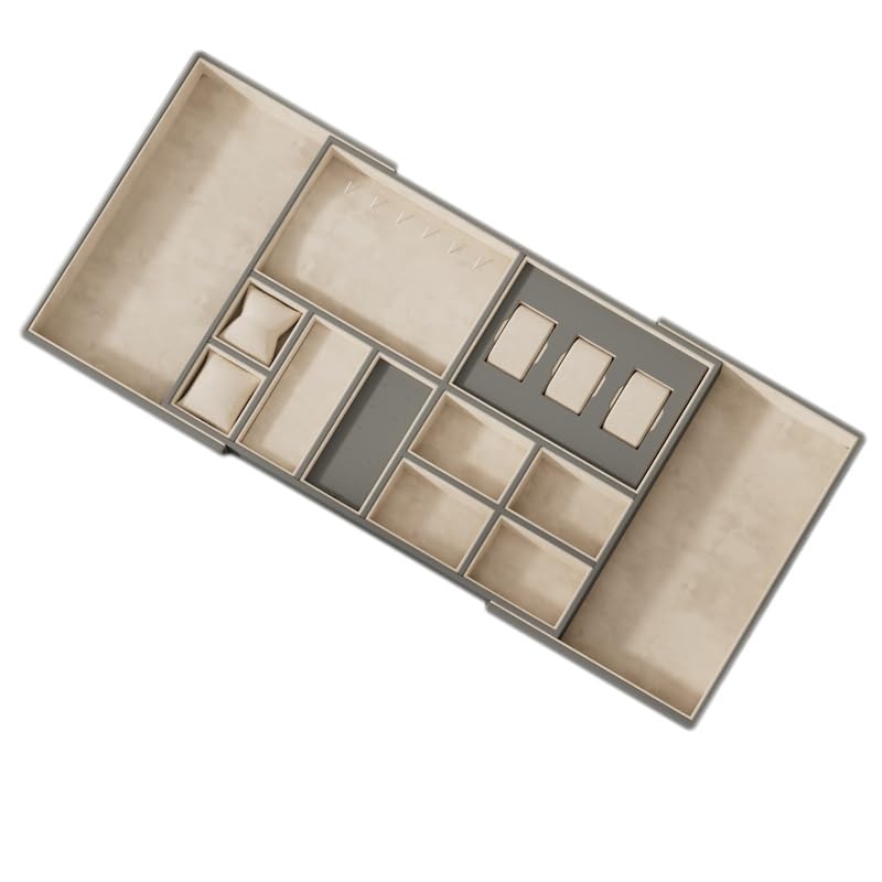 Bandeja organizadora de Joyas - Caja de Almacenamiento retráctil para Pendientes, Collares, Anillos, Relojes y Pulseras (Gris 50x36,2x6,5cm)