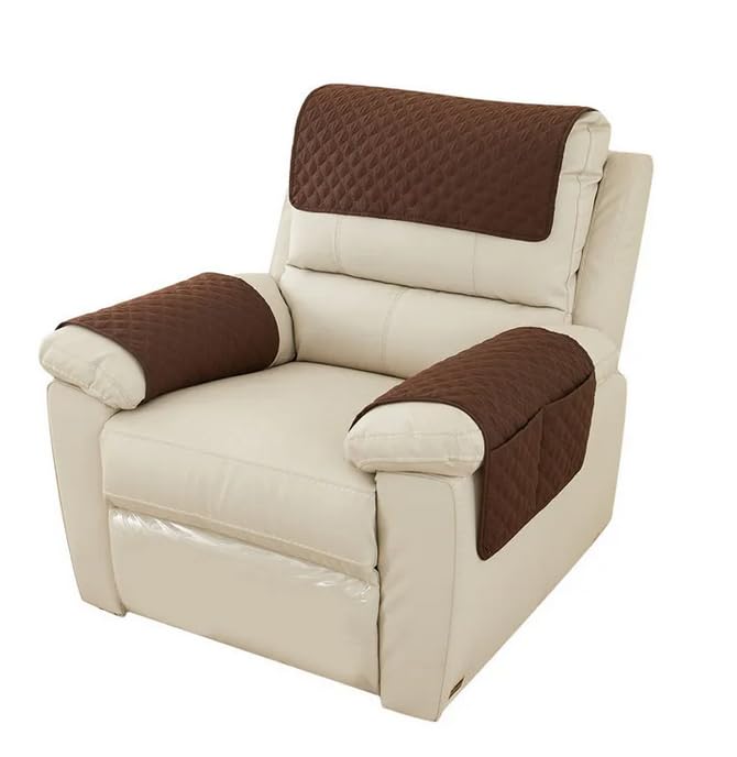 Yogsey 3PCS Sofa Armrest Cover Headrest Cover Polyester Recliner Chair Arm Cover with Pockets Wear Resistant Arm Headrest Protector for Recliner Leather Sofa Couch (Dark Brown)