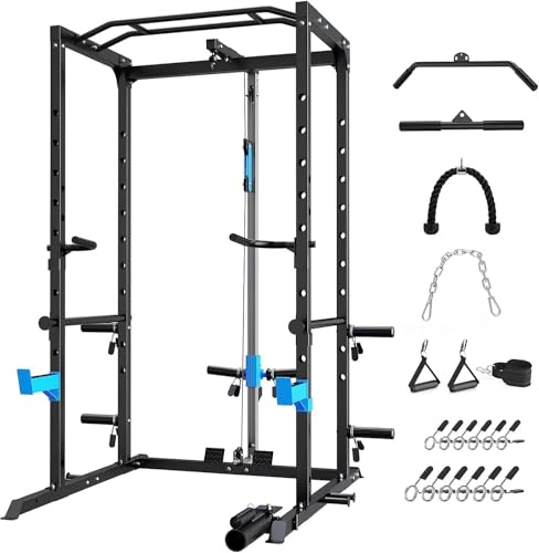 Image of ULTRA FUEGO Power Cage, Multi-Functional Power Rack with J-Hooks, Dip Handles, Landmine Attachment and Optional Cable Pulley System for Home Gym