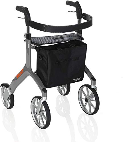Stander Letâ€™s Fly Rollator, Lightweight Four Wheel Euro Style Walker with Seat and Locking Brakes, Foldable Rolling Walker for Seniors by Trust Care, Gray