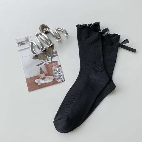 Image of Womens Bow Socks Ruffle Casual Crew Black Whitte Soft Breathable Cotton 4 Pairs Socks