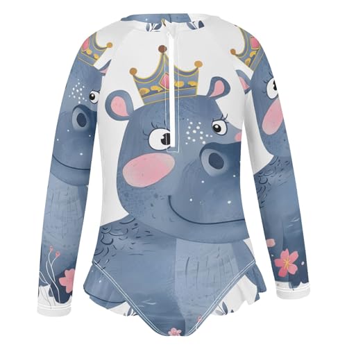 Princess Hippo with Leaf Girls Long Sleeve Swimsuit Rash Guard One Piece Bathing Suits Zipper 3-12T2