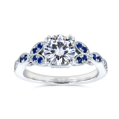 Kobelli Antique Style Moissanite and Blue Sapphire Engagement Ring Accents 1 1/5 CTW 14k White Gold