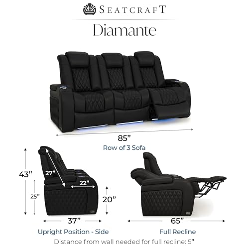 Image of Seatcraft Diamante Black Italian Leather Home Theater Seating, Zero Gravity Power Recliner Gaming and Home Office Chair, Powered Headrest Lounge Sofa Furniture for Cinema Room, Row of 3 Sofa
