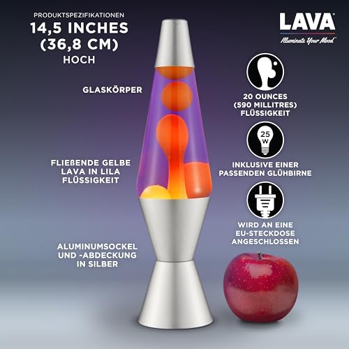 LAVA® - Lava Lampe 2125, gelbes Wachs, lila Flüssigkeit, silberner Sockel und Deckel, Original 14,5 Zoll Bewegungslampe der Marke LAVA®