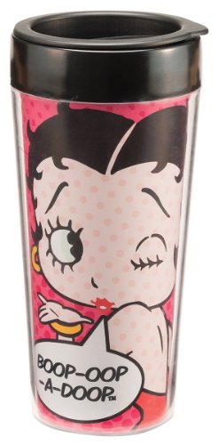 Vandor 10851 Betty Boop "Boop-Oop-A-Doop" 16 oz Plastic Travel Mug, Pink, Red, and White