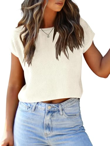 Image of LCXWFE Womens Summer Cropped Sweater Vest Trendy Cap Sleeve Crop Tops Crew Neck Loose Knit Tank Top