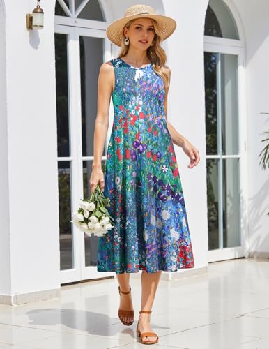 Image of HOTOUCH Summer Casual Dresses for Women Sleeveless Midi Dress Swing Tank Sundress Pleated Tshirt Dress with Pockets