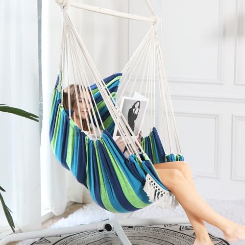 Image of Chihee Hammock Chair Foot Rest 2 Cushions Max 500lbs Metal Spreader Bar | Robust Hanging Chair Soft Cotton Blended Swing Collapsible Easy Storage Strong Strap Iron Carabiner Pocket Indoor Outdoor