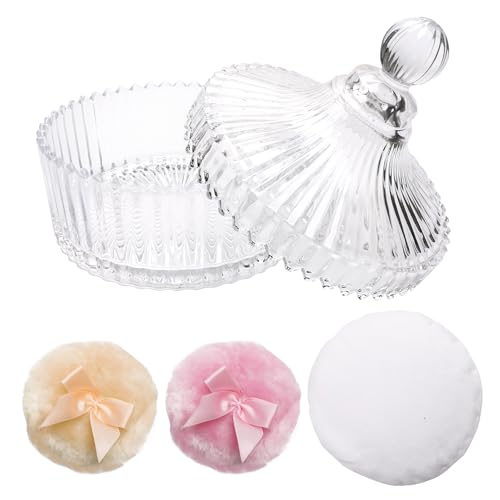 Zhaoyao 4Pcs Body Powder Puff and Container, 5.31" Crystal Powder Container with 3 Soft Large Powder Puffs, Dusting Powder Container with Puff for Face and Body, Washable Reusable Makeup Puff
