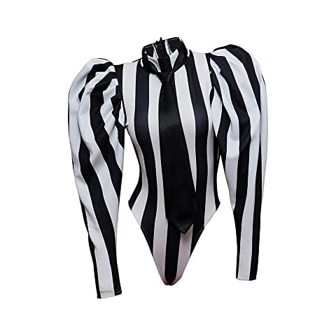 VEECOOCOS Women's Sexy Black White Striped Bodysuit Cover