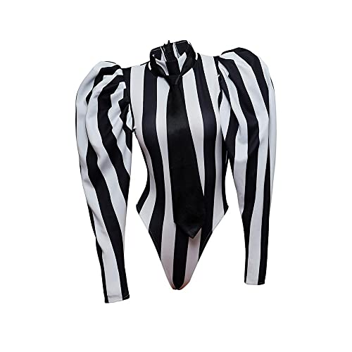 VEECOOCOS Womens Sexy Black White Striped Bodysuit-XL