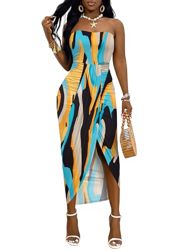 Image of Umenlele Women's Strapless Ruched High Waist Wrap Split Asymmetrical Beach Maxi Long Dress
