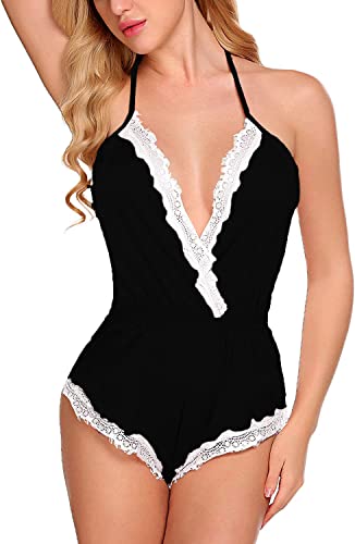 Image of BROIDEN Women Lingerie Bodysuit V Neck Teddy Lace Babydoll Satin Nightwear