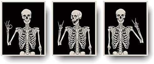Halloween Wall Decor Skeleton Poster, Funny Goth Home Wall Art Prints, Gothic Skull Weird Paintings, Witchy Spooky Aesthetic Pictures for Bedroom Bathroom Pagan Room Decor Set of 3 Unframed (8x10)