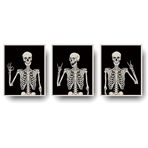 Halloween Wall Decor Skeleton Poster, Funny Goth Home Wall Art Prints, Gothic Skull Weird Paintings, Witchy Spooky Aesthetic Pictures For Bedroom Bathroom Pagan Room Decor Set Of 3 Unframed (8X10) #TOP24