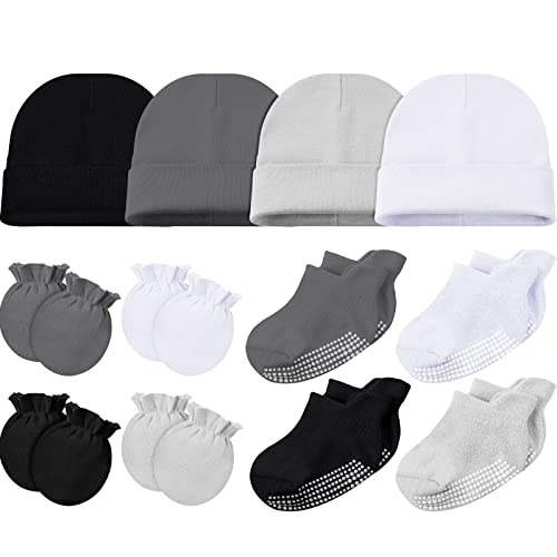 Image of Boyiee 12 Pieces Baby Mittens Newborn Hats and Sock Infant Baby Caps Mittens Set No Slip Ankle Socks
