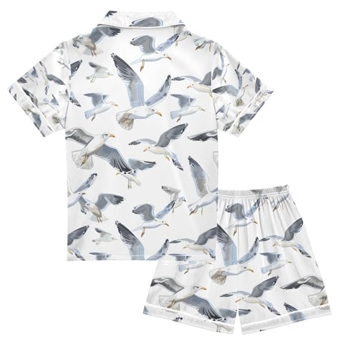 senya Many Seagulls Flying Satin Summer Pajama Sets Silk Short Sleeve Button Down Sleepwear2