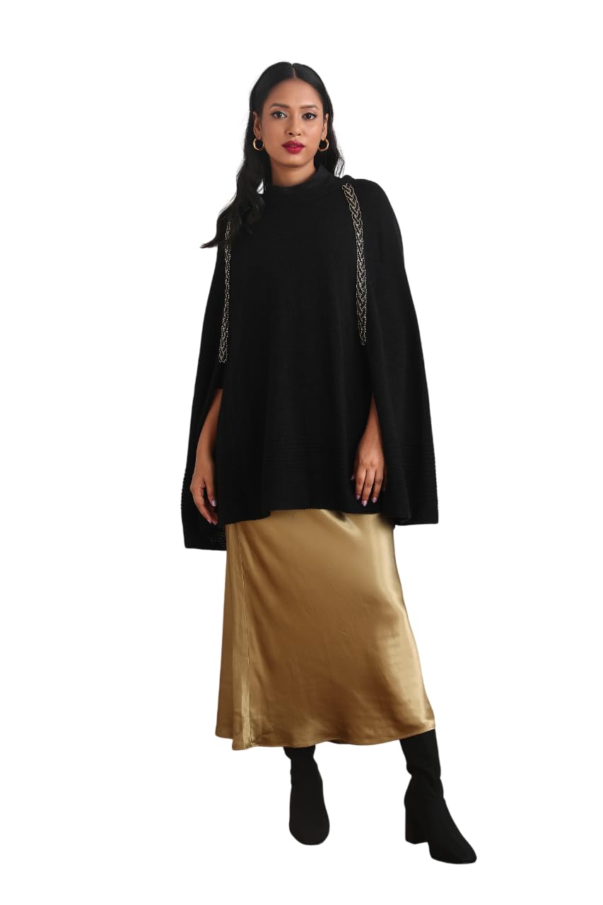 Women’s Cloak Wool Outerwear | Draped Cloak Style Layer with Open Front Shawl Construction | Woolen Textured Fabric with Contrast Border Detailing | Indo-Western Fashion Wrap, Black-image-20