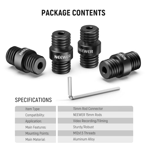Image of Neewer 15mm Rod Connector, 4 Pack, M12x1.5, Black, For NEEWER Aluminum Alloy 15mm Rods & LWS Shoulder Rigs