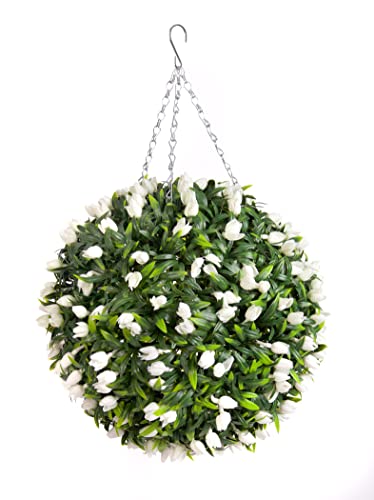 Best Artificial TULIP Flower Ball Lush Long Leaf Topiary Grass (38cm, White)