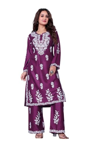 Image of Women's Embroidered Kurta with Palazzo Set, Purple, Floral Chikankari Work, Full Sleeve, Ethnic Wear