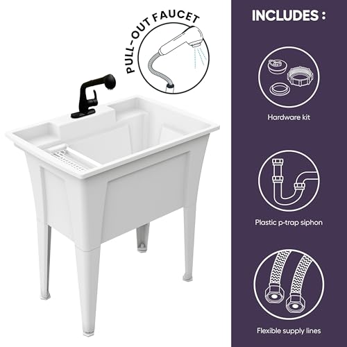 Freestanding Utility Sink with One Handle Black Faucet - 32" Plastic Utility Sink for Garage, Laundry, Indoor and Oudoor Use - Laundry Tub Kit by Noah William Home - White (25.6 gal) by Noah William Home - Used condition - US$167.93