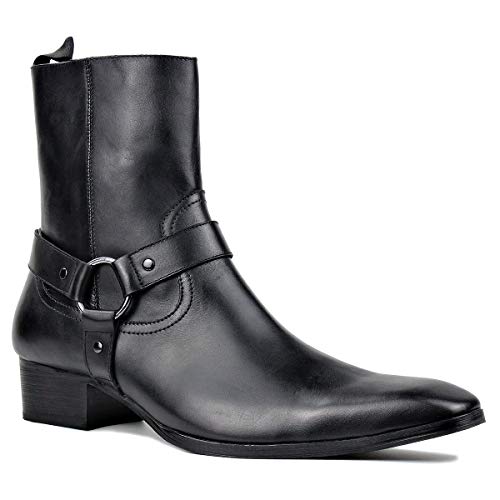 OSSTONE Men Chelsea Ankle Boots Leather Chukka Motorcycle Boots with Side Zipper Heel Retro Dress Boots JY017