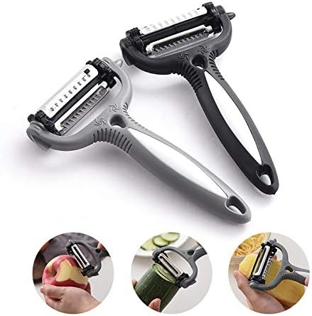 2Pcs 3 in 1 Swivel Vegetable Peeler,360 Degree Rotary Kitchen Tool Vegetable Fruit Potato Carrot Peeler Grater Turnip Cutter Slicer Melon Gadget-(Black+Grey)
