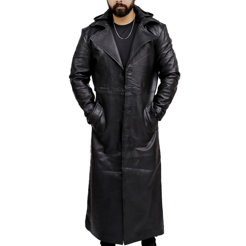 Real Leather Trench Coat Black Long Coat Duster Overcoat Sheepskin Men