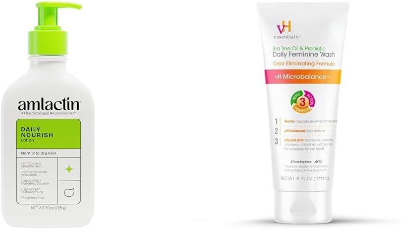 AmLactin Daily Moisturizing Lotion for Dry Skin – 7.9 oz Pump Bottle – 2-in-1 Exfoliator - Body Lotion with 12% Lactic Acid (Packaging May Vary) and vH essentials, Ph Balanced Daily Feminine Wash, Tea Tree Oil & Prebiotic, 6, Fl Oz, (Pack Of 1) 54306 Clear Bundle