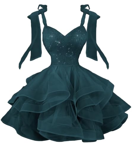 Sparkly Homecoming Dresses for Teens Short Prom Dress Tie Straps Ruffles Tulle Cocktail Party Gown