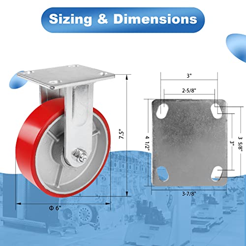 Image of Nefish 6 Inch Industrial Fix Casters Heavy Duty No Noise Polyurethane Wheel on Steel Hub, 1200 Lbs Load Capacity Per Rigid Casters for Utility Cart, Dollies (2 Pack)