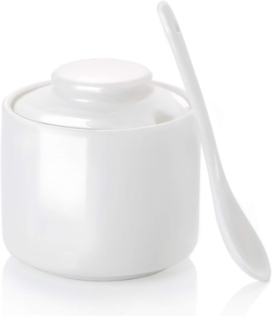 Ceramic Sugar Bowl with Lid and Spoon,Porcelain Seasoning Box Salt Bowl,8oz White