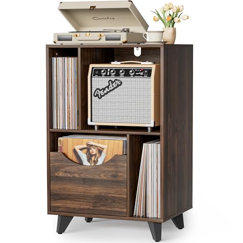 Bikoney Mueble Tocadiscos con Cajón para Vinilos – Mesa Auxiliar de Madera para Tocadiscos y Altavoces, Armario de Almacenamiento de Vinilos para Salón, Dormitorio, Oficina