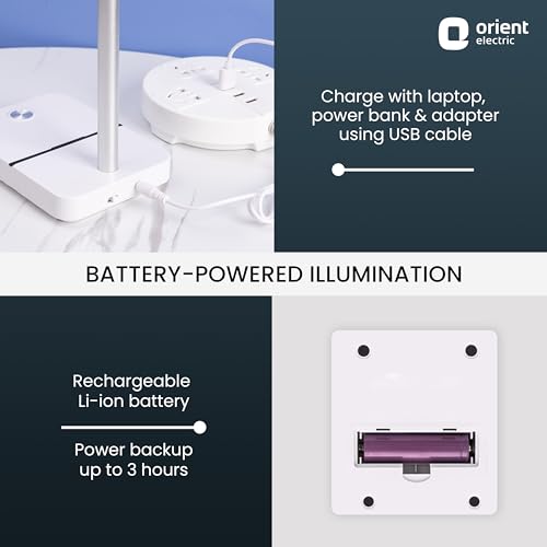 Image of Orient Electric 3W Rechargeable LED Linear Desk Lamp with 3 Grade Dimming Light | Adjustable Table Lamp for Study |3 in 1 Color Changing (Cool White, Warm White & Natural Light) | Pack of 1