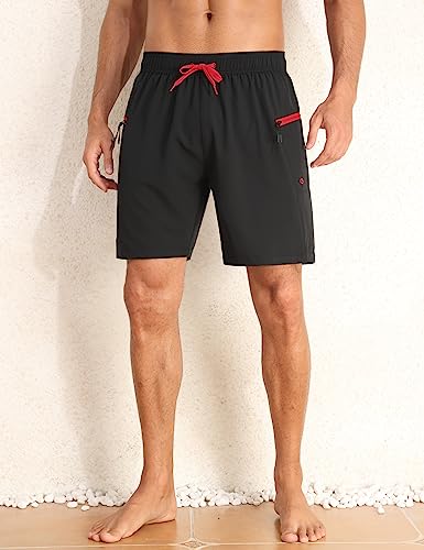 Nonwe Mens Swimming Trunks with Compression Liner 2 in 1 Stretchy Board Shorts with Zipper Pockets3