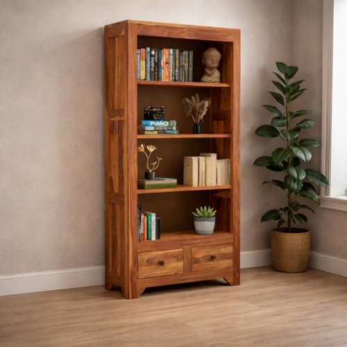 Image of Solid Sheesham Wood Bookshelf Cum Display Cabinet | Wooden Book Shelf with 2 Drawers & 3 Shelves Storage | Living Room & Study Room Bookcase | Honey Oak Natural Finish