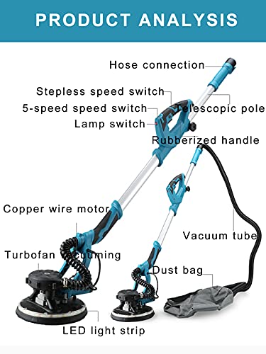 1800W Wandschuurmachine, Automatische Vacuümplafondschuurmachine, Telescopische Gipsplaatschuurmachine Voor Poolse Droge… - Afbeelding 3