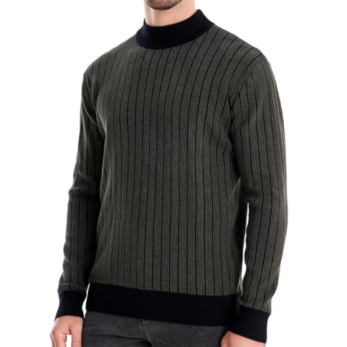 Men’S Cotton Mock Neck Pullover Sweater Knitted Warm Striped Thick Casual Style Long Sleeve Jumper Top2