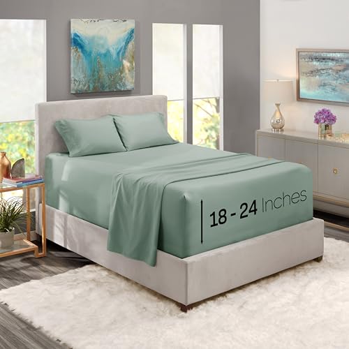 Image of Nestl King Size Sheet Set, 4 Piece Extra Deep Pocket (18-24 inches), Microfiber, Hotel Luxury, Soft, Breathable, Wrinkle-Free, Easy to Care, Sage Green New