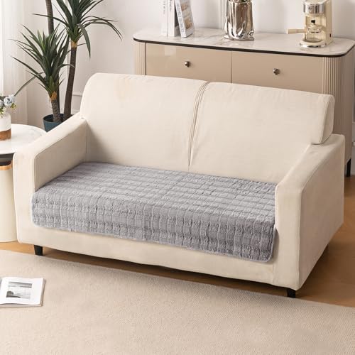 Image of HOKIPO 'Plush Haven' Premium Anti-Slip Sofa Cover Mat for 2 Seater Sofa | Soft Fluffy Plush Fabric, Light Grey (AR-5033-LGRY*1)