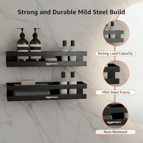 Image of Amazon Basics Wall Mounted Bath Rack- Drill Installation | Large Mild Steel Bathroom Shelf for Shampoo, Conditioner, Soap & Toiletries | Rust-Resistant, Durable & Easy to Clean Bathroom Organizer - 35 x 13.6 x 6.5 cm, Pack of 2, Black