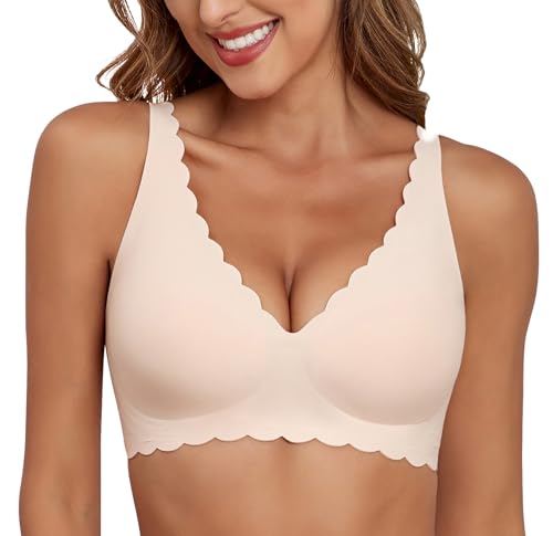 Image of Xcutting Deep V Bras Wireless Bra No Underwire Supportive Scalloped Seamless Bralettes Petal Wavy Women Jelly Bras for Women