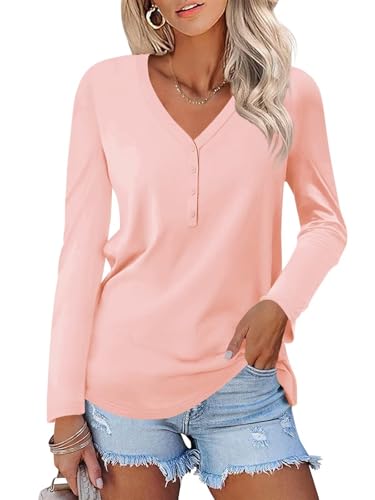 Minetom Women's Long Sleeve V Neck T Shirts Henley Tops Casual Shirts Blouses Pink