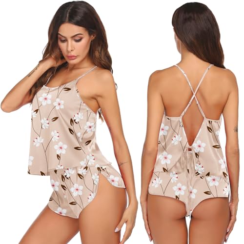 Image of Ekouaer Silk Pajamas Set for Women Satin Backless Lingerie Pjs Cami Top and Shorts Nightwear