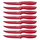 SereneLife Stainless Steel Knife Set, 8 Pcs. - Non-Stick Coating, Sharp Serrated Blades, Professional Kitchen Set, Rust-Resistant, Dishwasher Safe, Ideal for BBQ & Grilling, Red