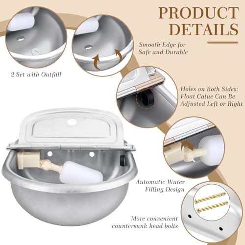 Bokon 4 Set Automatic Animal Drinking Water Trough Bowl Automatic Livestock Drinking Dispenser Stainless Steel Waterer for Horses Dogs Goat Pig with Float Pipe Connector Countersunk Bolt