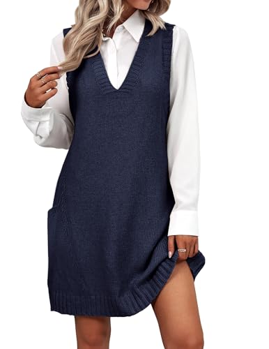 Image of HOTOUCH Women Sweater Vest Oversized V Neck Sleeveless Knit Pullover Ribbed Vest Dress with Pockets